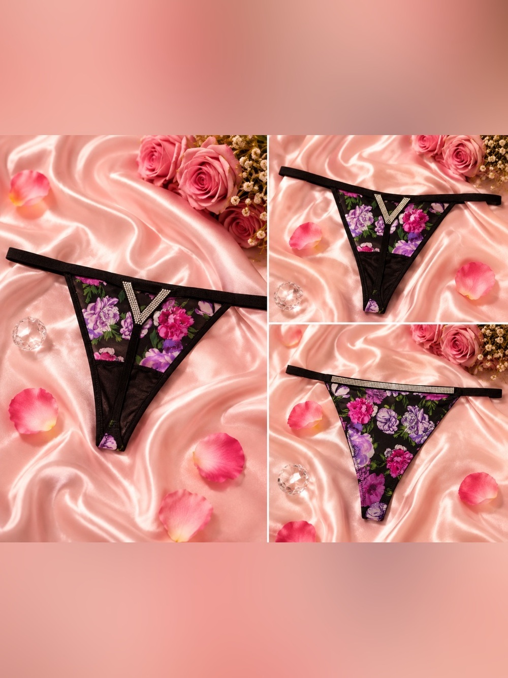 Victoria’s Secret Bombshell Shine Floral Rhinestone V-String NWT